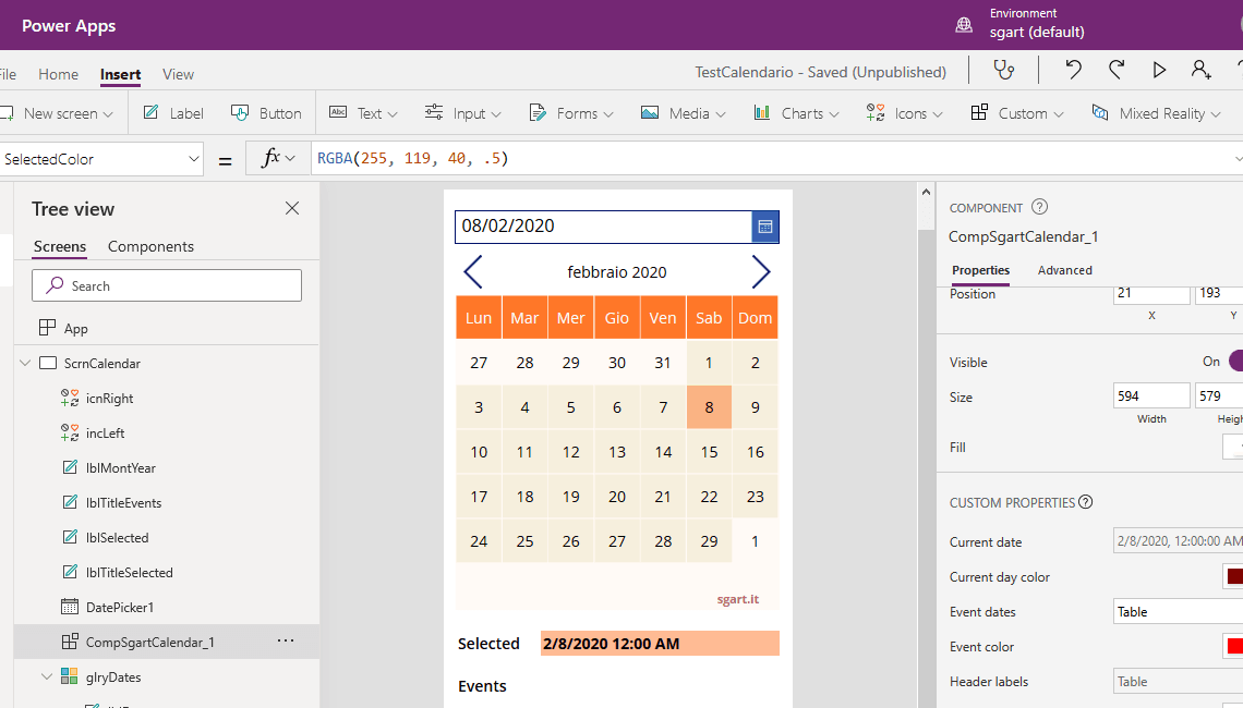 Creare un componente calendario in Power Apps